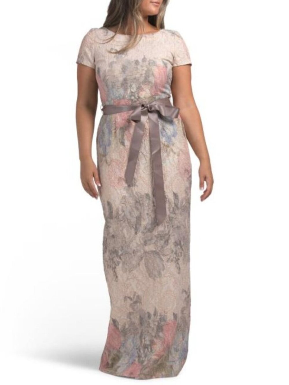 ADRIANNA PAPELL Short Sleeve Matelasse Column Gown